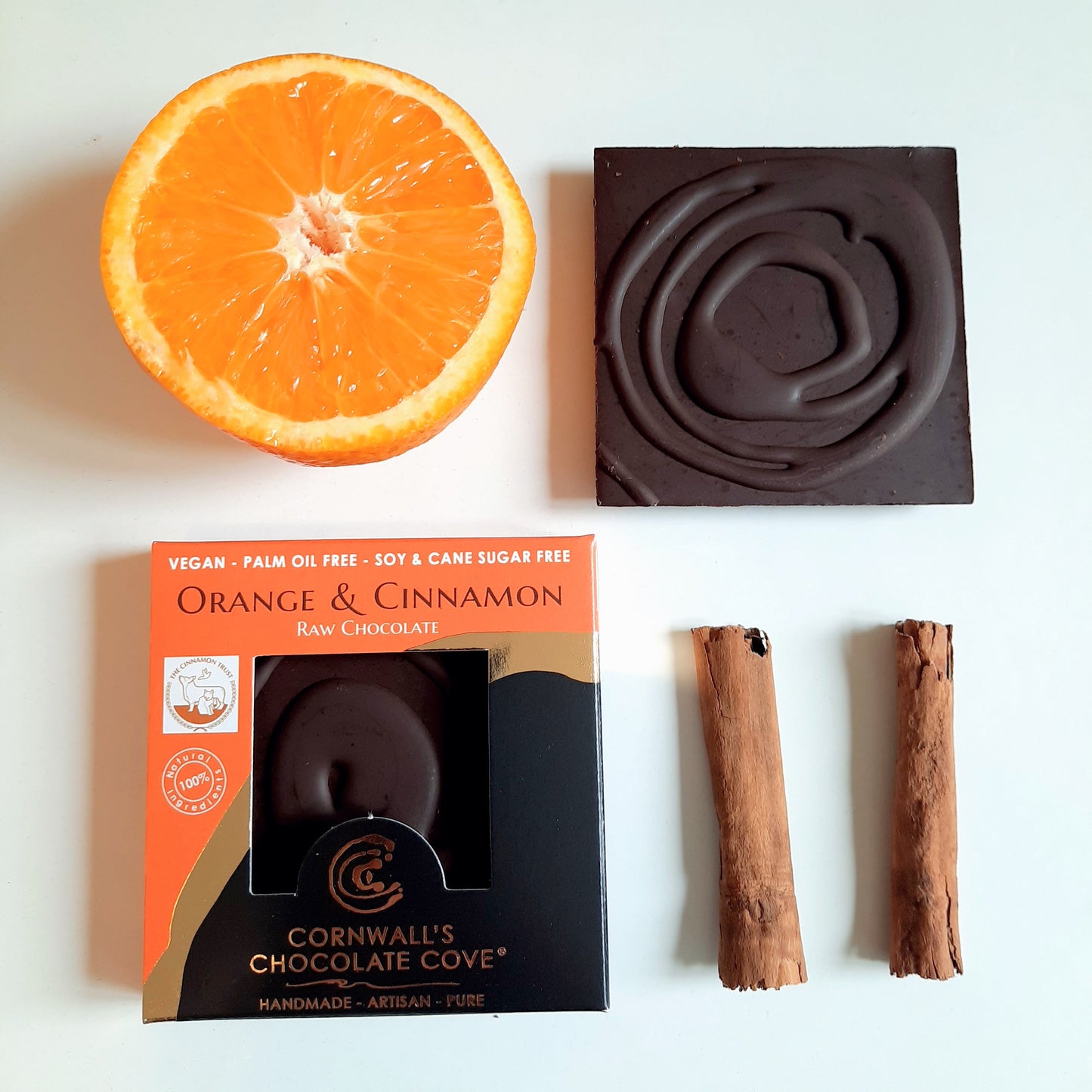 Cornwall's Chocolate Cove plant based, soya, palm oil, cane sugar and gluten free, organic raw chocolate. Orange & Cinnamon