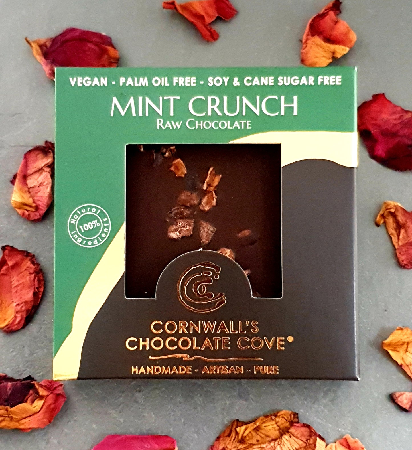 Cornwall's Chocolate Cove plant based, soya, palm oil, cane sugar and gluten free, organic raw chocolate. Mint Crunch