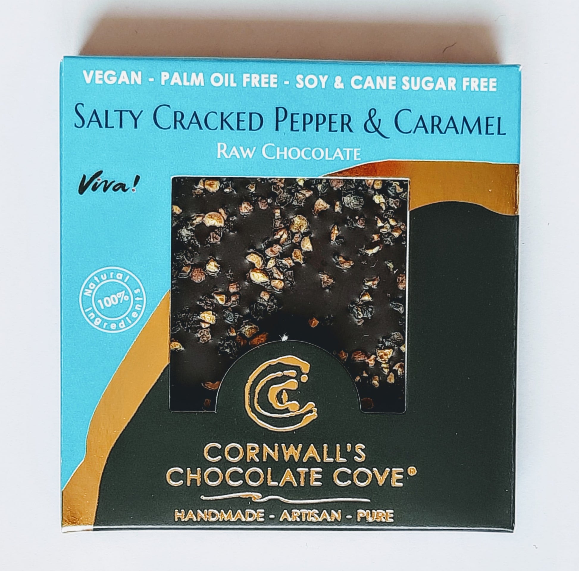 Cornwall's Chocolate Cove plant based, soya, palm oil, cane sugar and gluten free chocolate. Salty Cracked Pepper & Caramel
