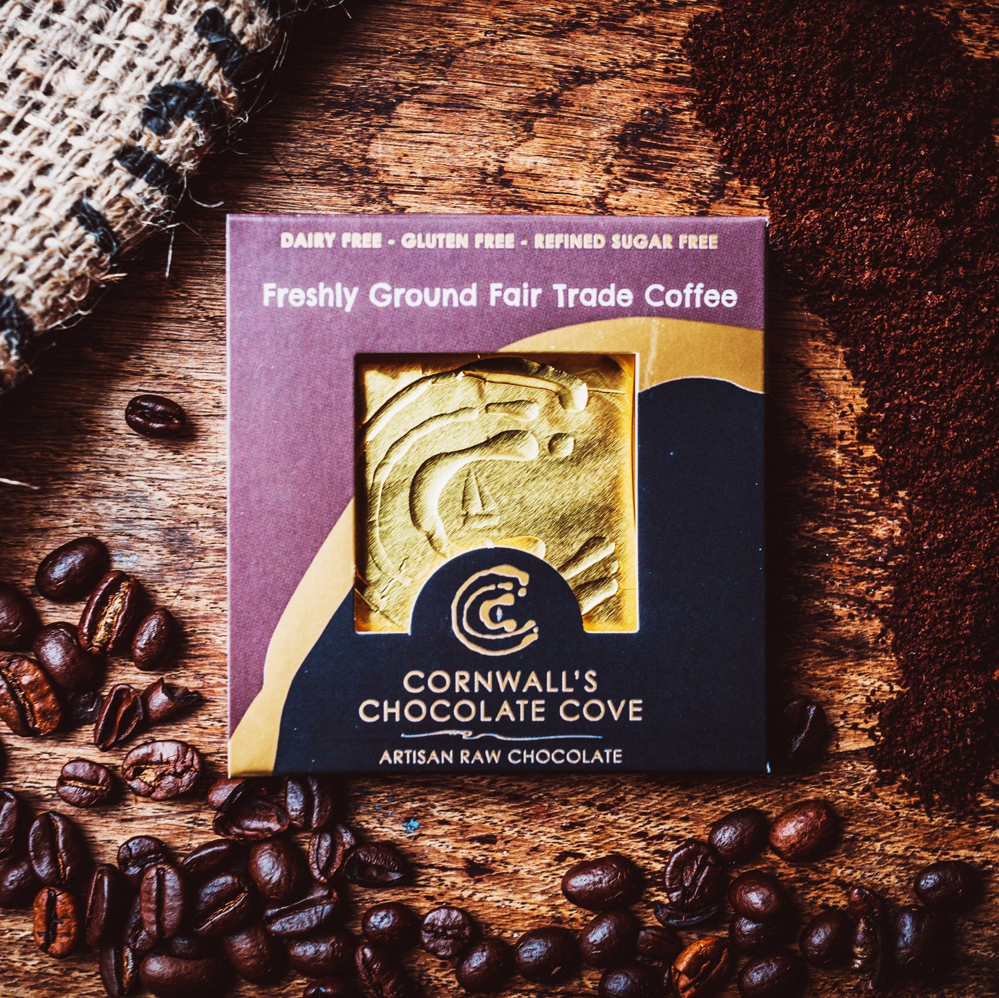 Cornwall's Chocolate Cove plant based, soya, palm oil, cane sugar and gluten free organic raw chocolate. Freshly Ground Coffee