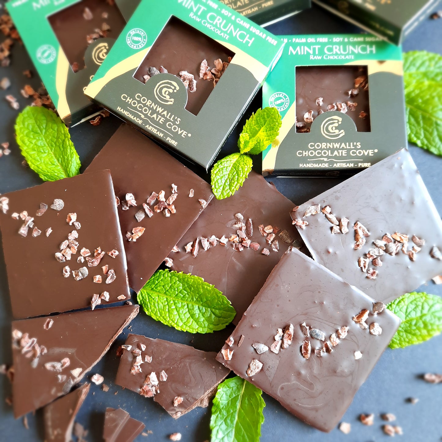 Cornwall's Chocolate Cove plant based, soya, palm oil, cane sugar and gluten free, organic raw chocolate. Mint Crunch