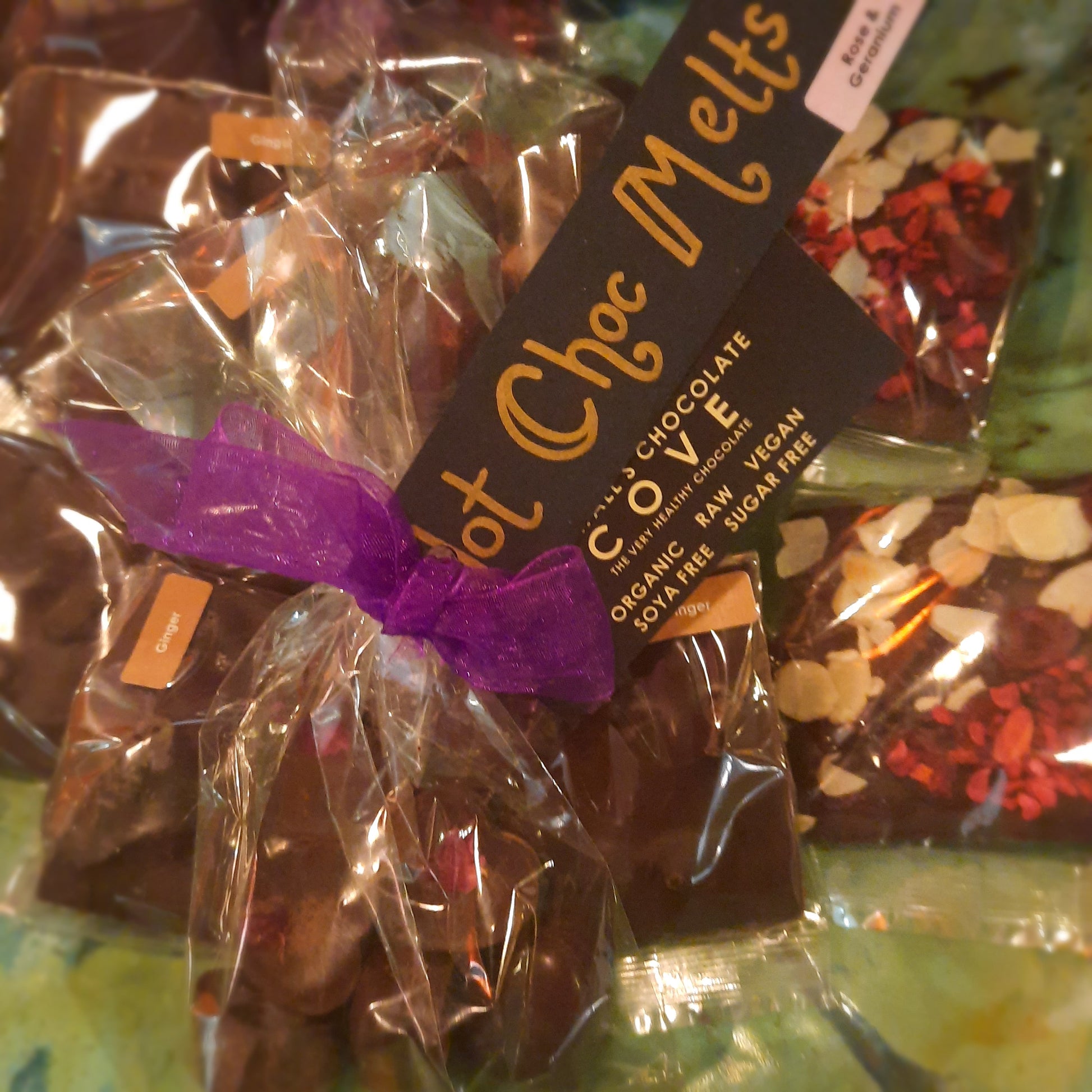 Cornwall's Chocolate Cove plant based, soya, palm oil, cane sugar and gluten free, organic raw chocolate. A selection of chocolatey treats from the shop.