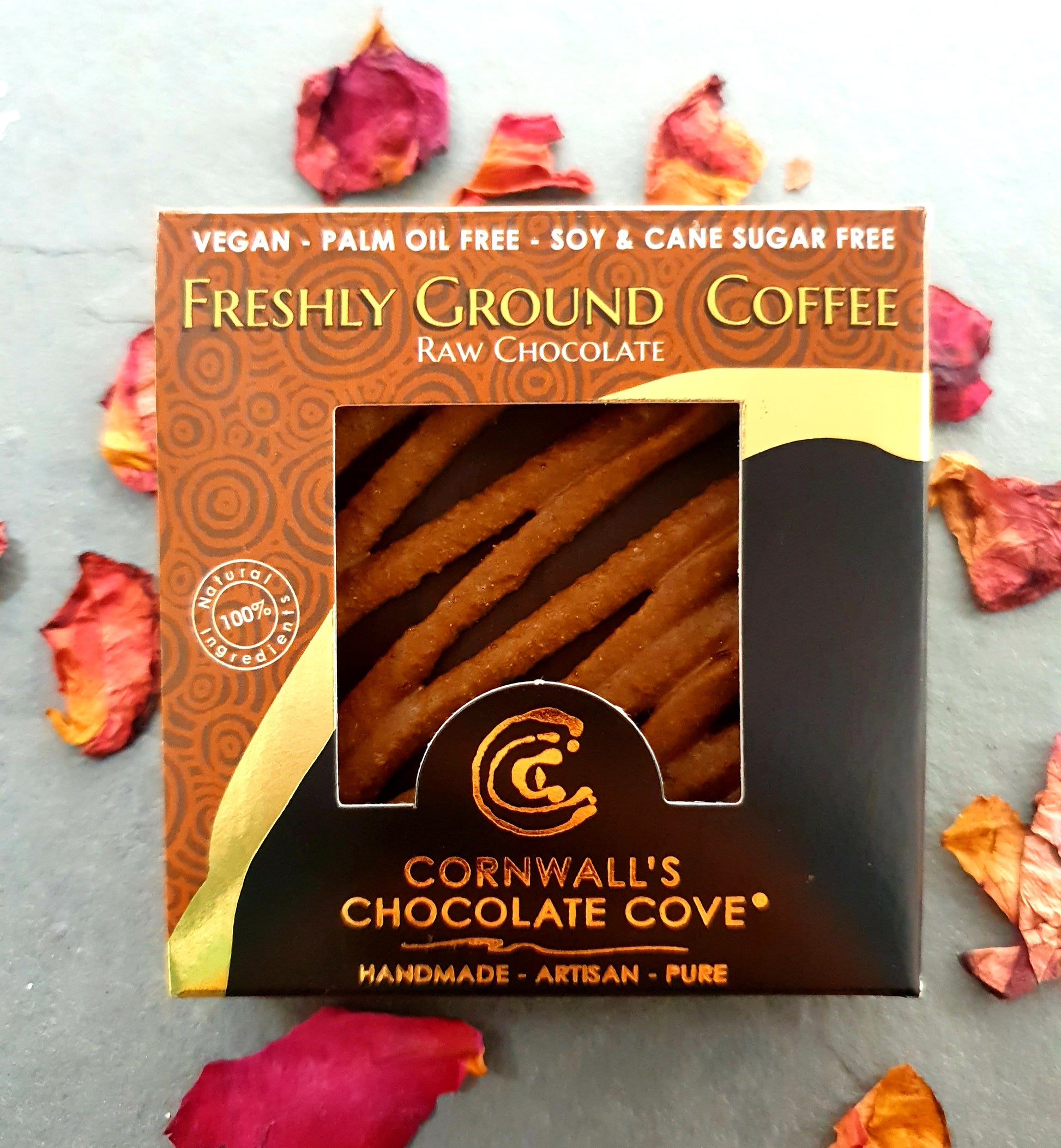 Cornwall's Chocolate Cove plant based, soya, palm oil, cane sugar and gluten free organic raw chocolate. Freshly Ground Coffee