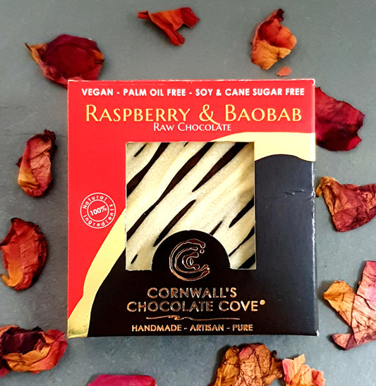 Cornwall's Chocolate Cove plant based, soya, palm oil, cane sugar and gluten free chocolate. Raspberry & Baobab