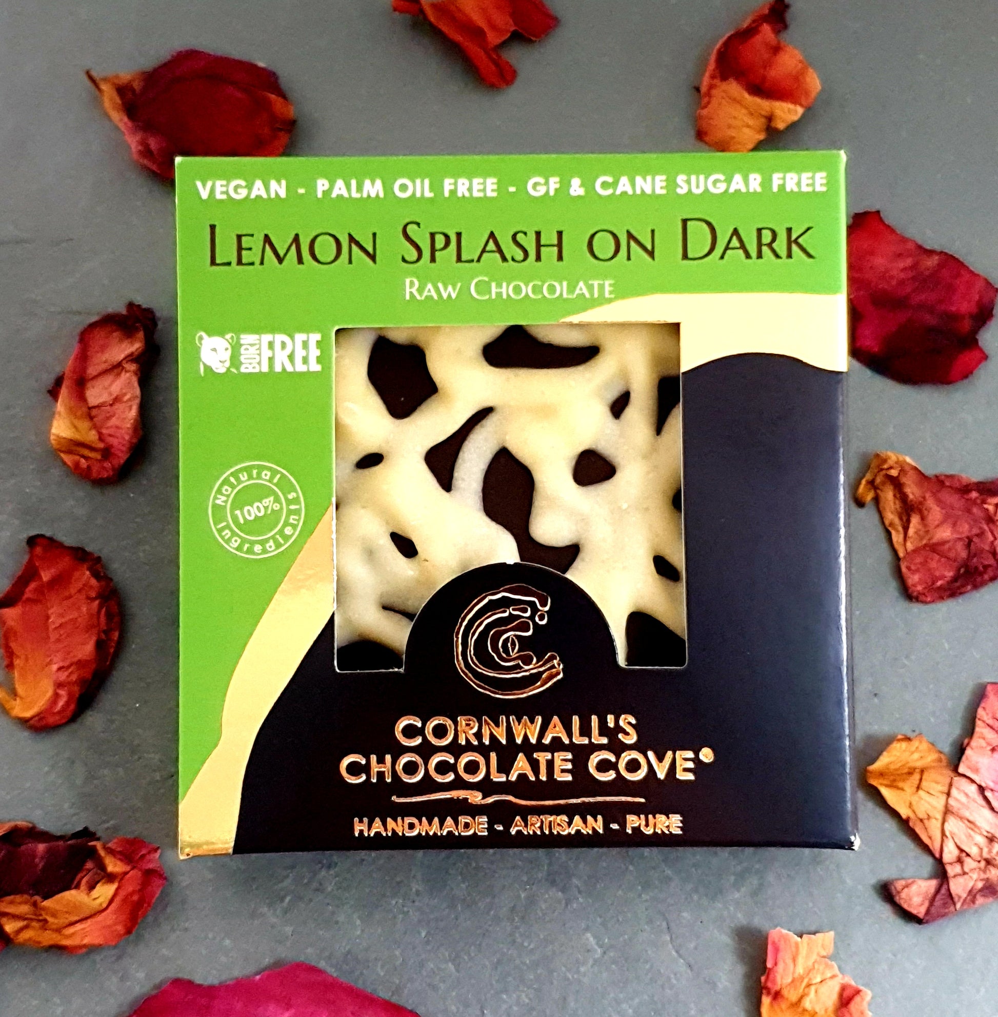 Cornwall's Chocolate Cove plant based, soya, palm oil, cane sugar and gluten free chocolate. Lemon Splash on Dark