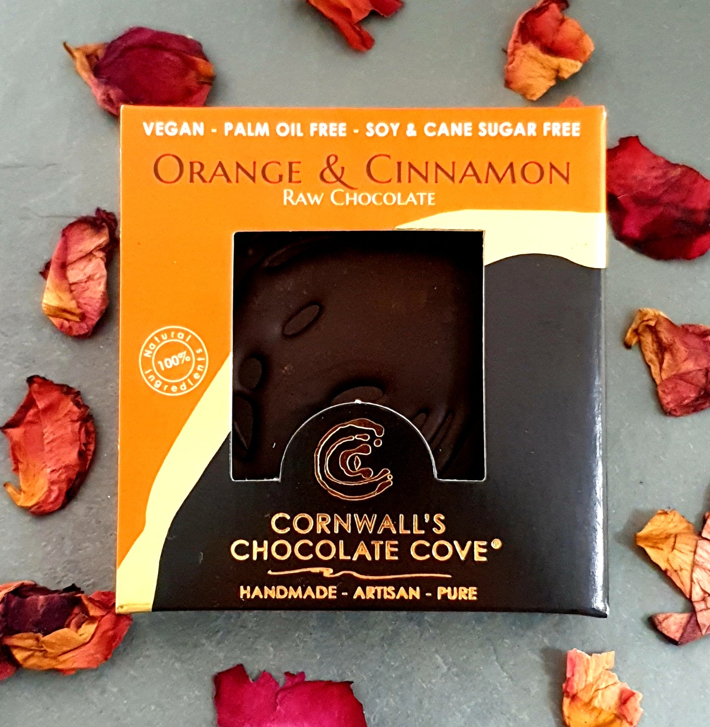 Cornwall's Chocolate Cove plant based, soya, palm oil, cane sugar and gluten free, organic raw chocolate. Orange & Cinnamon