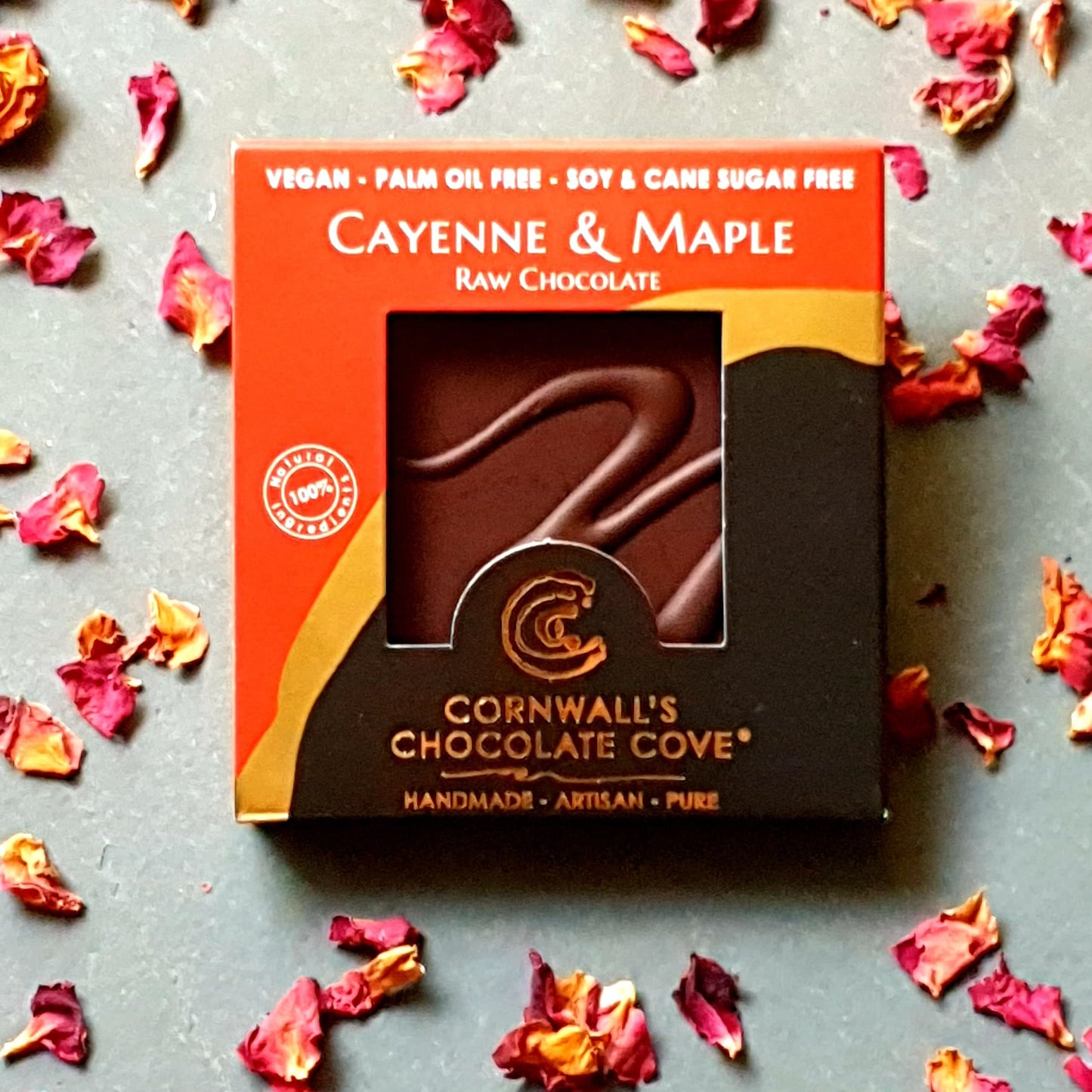 Cornwall's Chocolate Cove plant based, soya, palm oil, cane sugar and gluten free chocolate. Cayenne & Maple