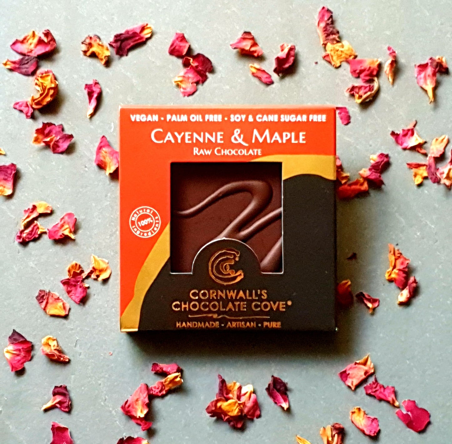 Cornwall's Chocolate Cove plant based, soya, palm oil, cane sugar and gluten free chocolate. Cayenne & Maple