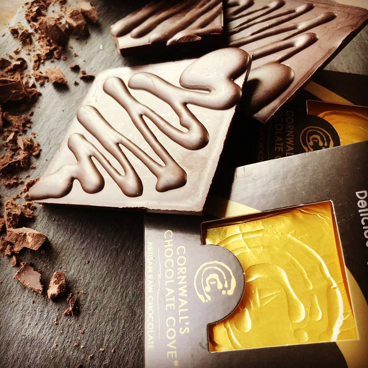 Cornwall's Chocolate Cove plant based, soya, palm oil, cane sugar and gluten free chocolate. Deliciously Dark 72%