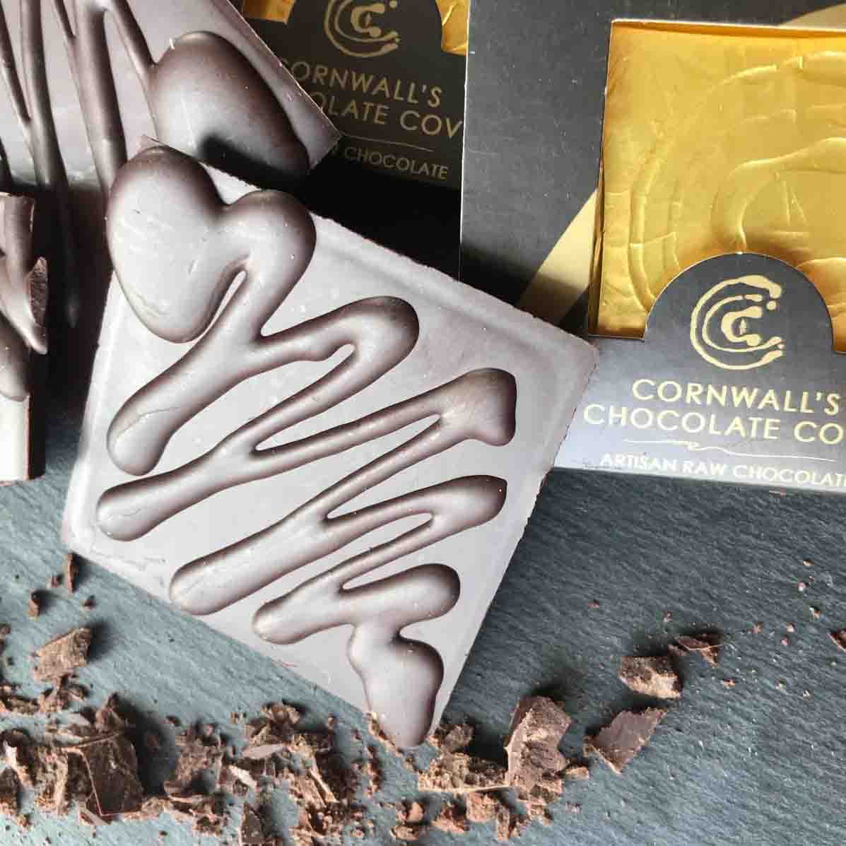 Cornwall's Chocolate Cove plant based, soya, palm oil, cane sugar and gluten free chocolate. Deliciously Dark 72%