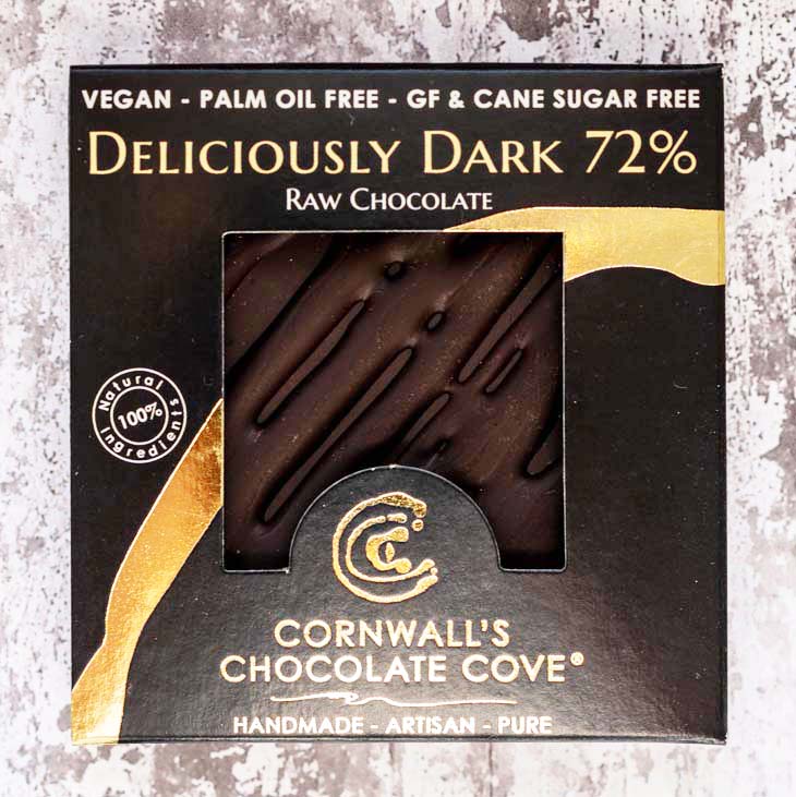 Cornwall's Chocolate Cove plant based, soya, palm oil, cane sugar and gluten free chocolate. Deliciously Dark 72%