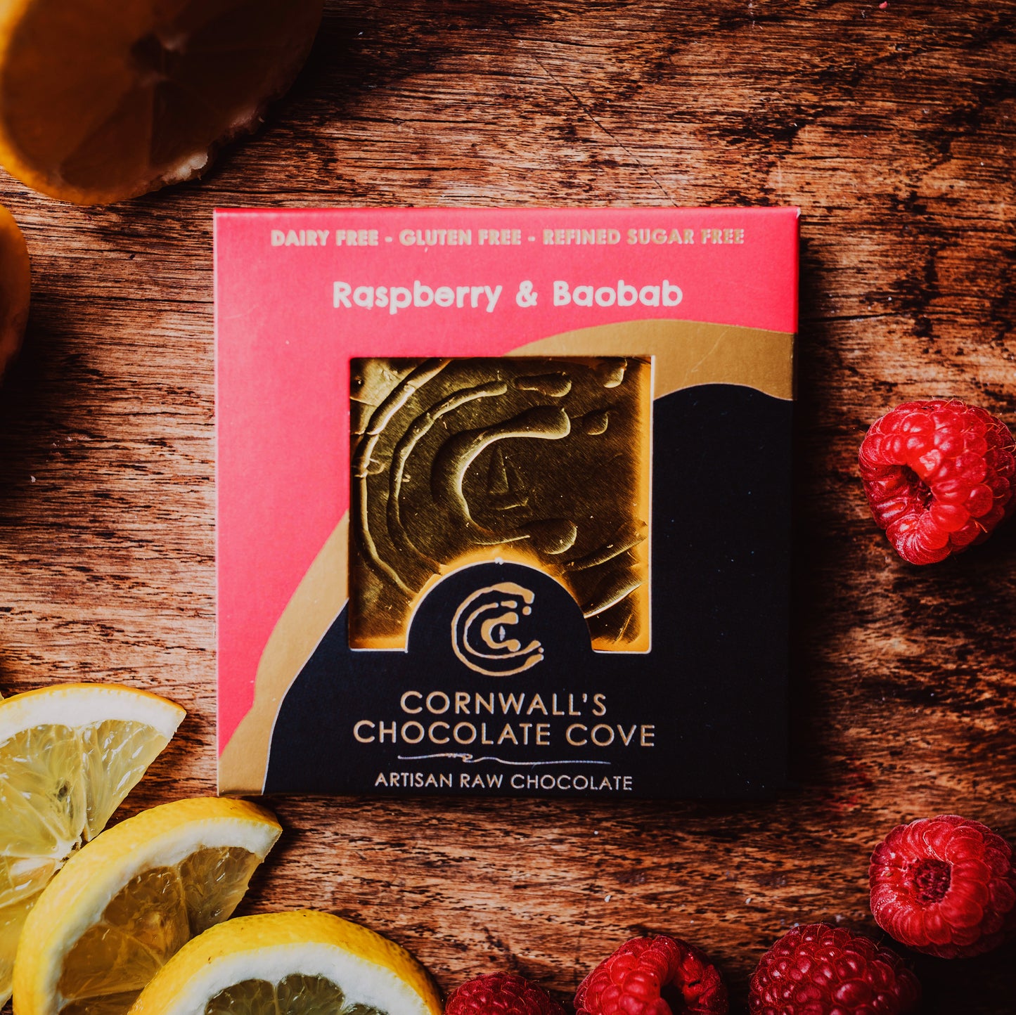 Cornwall's Chocolate Cove plant based, soya, palm oil, cane sugar and gluten free chocolate. Raspberry & Baobab