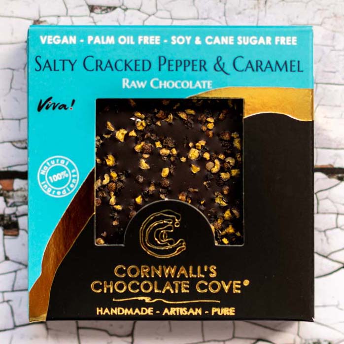 Cornwall's Chocolate Cove plant based, soya, palm oil, cane sugar and gluten free chocolate. Salty Cracked Pepper & Caramel