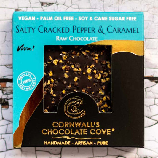 Cornwall's Chocolate Cove plant based, soya, palm oil, cane sugar and gluten free chocolate. Salty Cracked Pepper & Caramel