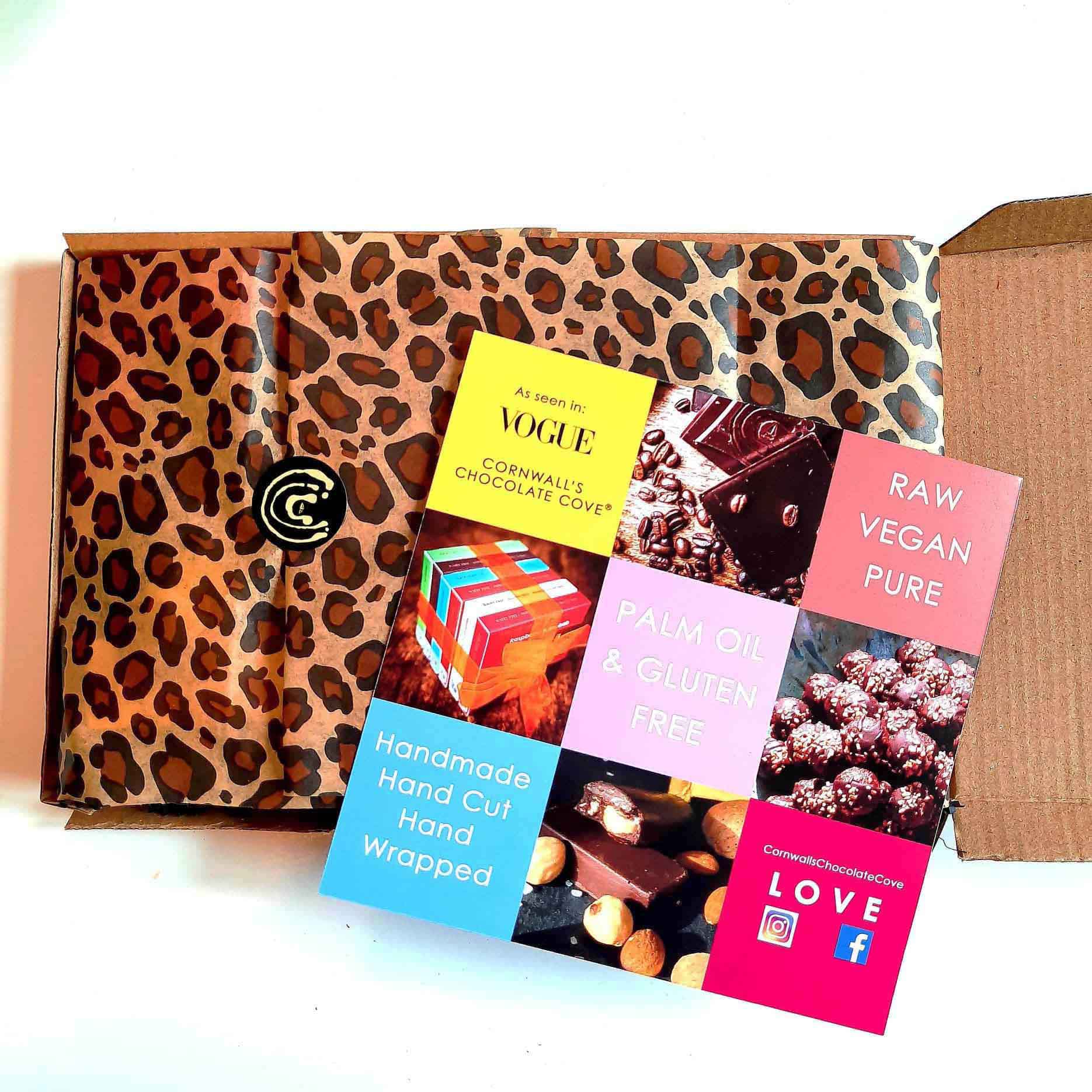 Cornwall's Chocolate Cove plant based, soya, palm oil, cane sugar and gluten free organic raw chocolate. A selection of chocolatey treats as a subscription box each month.