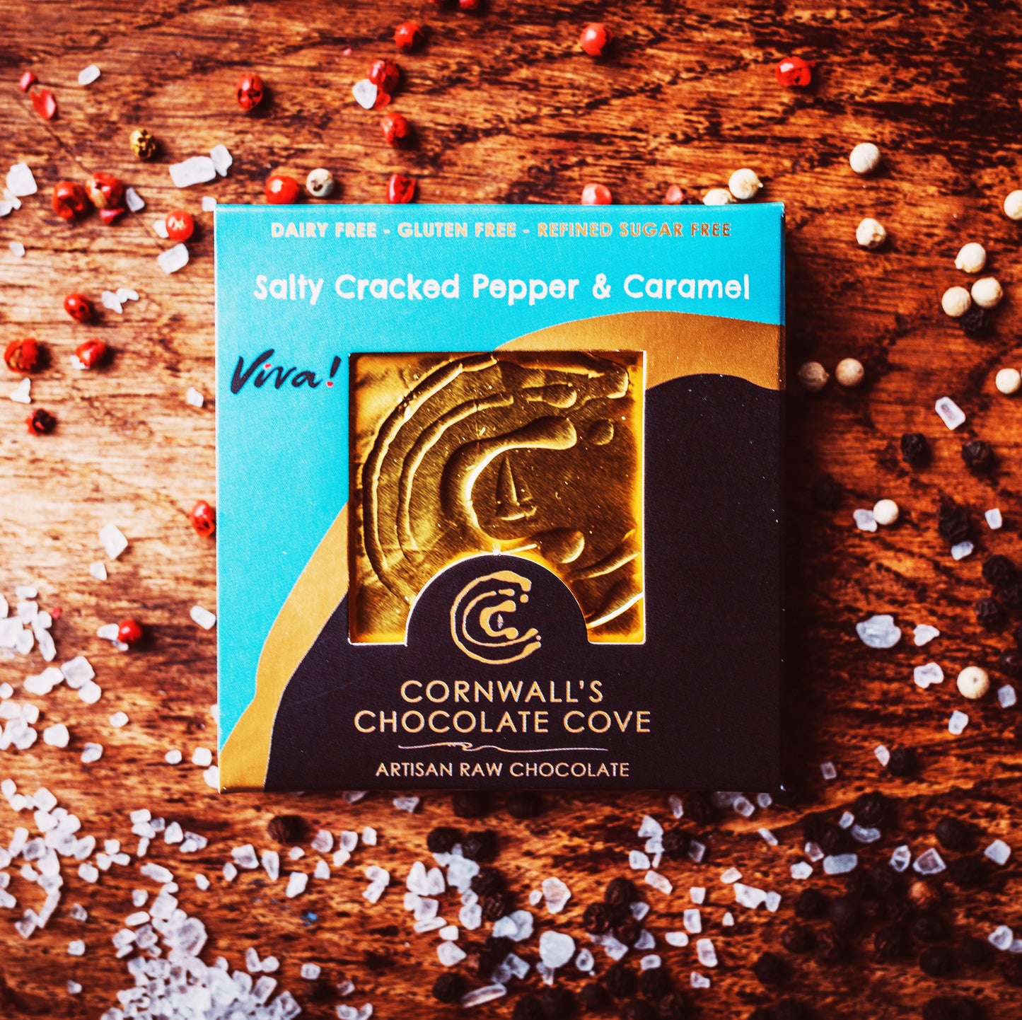 Cornwall's Chocolate Cove plant based, soya, palm oil, cane sugar and gluten free chocolate. Salty Cracked Pepper & Caramel